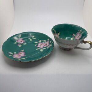 Vintage Merit Occupied Japan Cup & Saucer Green Floral Teacup